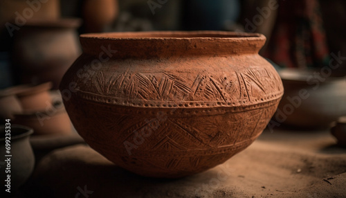 Ancient pottery, clay vase, rustic jug, ornate decoration, indigenous culture generated by AI © Jeronimo Ramos