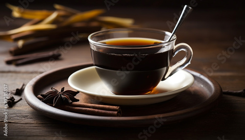 Hot coffee on wooden table  close up  rustic  organic  refreshing drink generated by AI