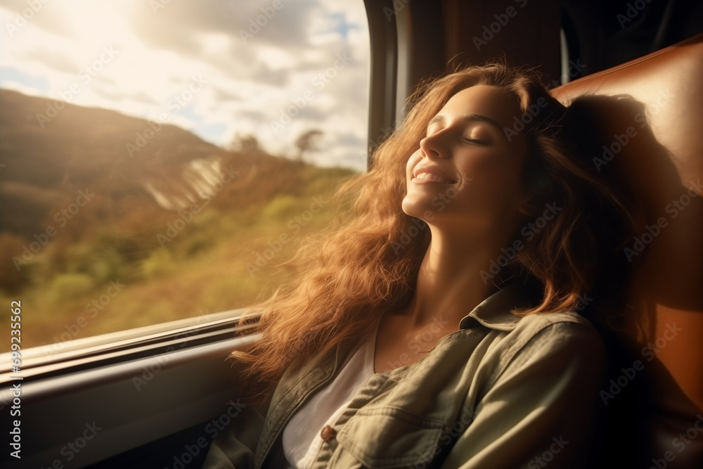 A young woman is enjoying a train journey A young woman is enjoying a train journey