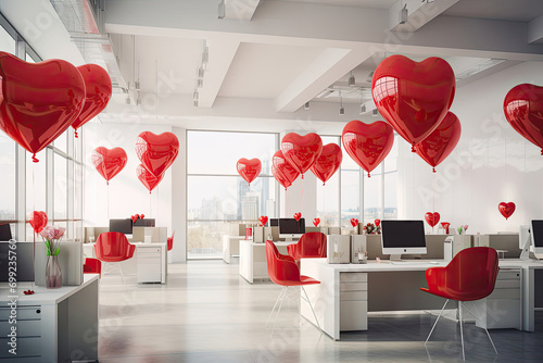 modern office decorated with heart-shaped balloons for Valentine's Day.
