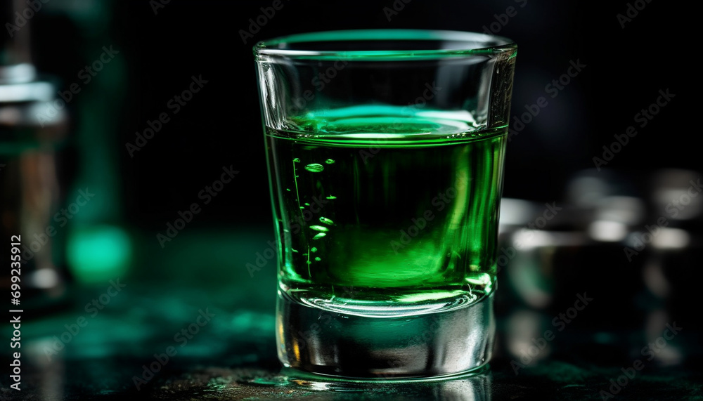Close up of a wet glass pouring fresh whiskey on ice generated by AI Close up of a wet glass pouring fresh whiskey on ice generated by AI
