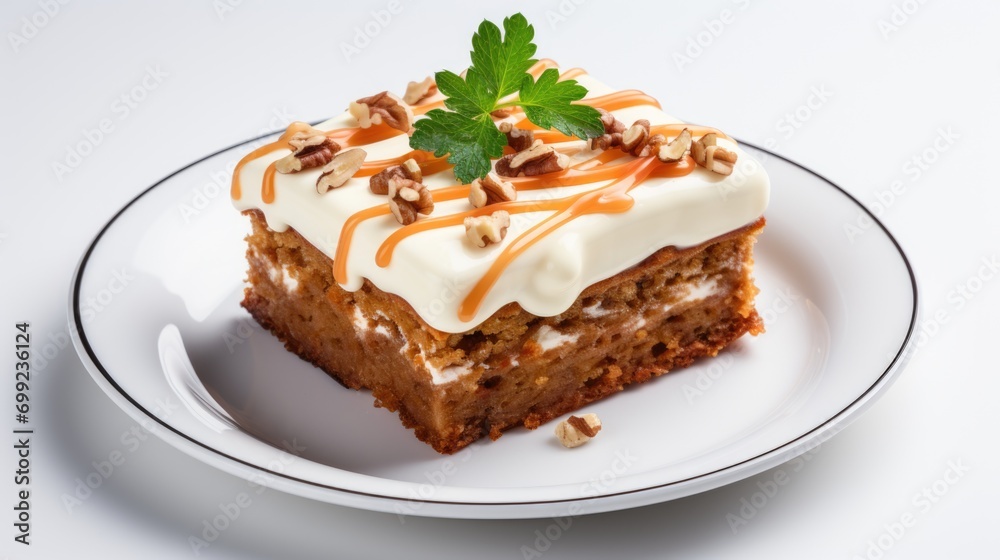 A piece of carrot cake on a white plate. A piece of carrot cake on a white plate.