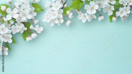 Serene Cherry Blossom Arrangement on a Blue Wooden Background