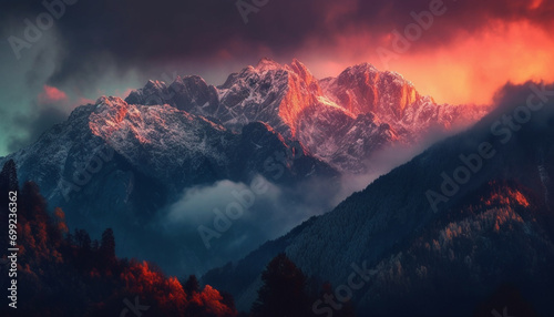 Majestic mountain peak, sky tranquil scene, nature beauty in dusk generated by AI