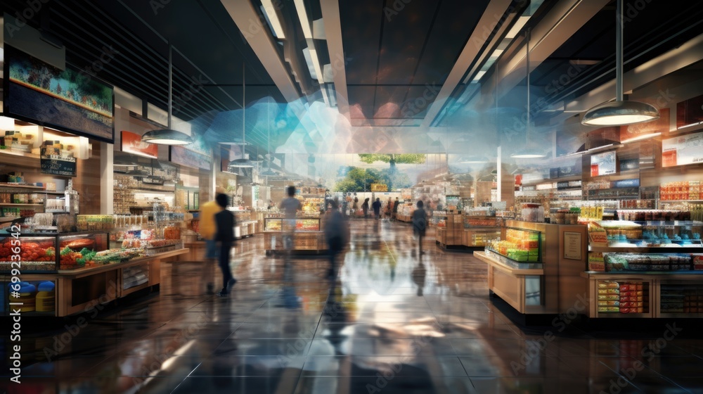supermarket aisle and shelves blurred background