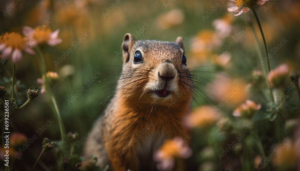Fototapeta premium Cute rodent sitting on grass, looking at camera in forest generated by AI