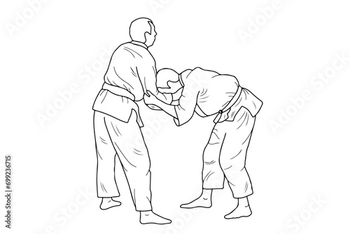 Line drawing of two young sportive judoka fighter. Judoist, judoka, athlete, duel, fight, judo