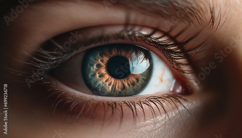 Close up of a caucasian woman blue eye, staring into camera generated by AI