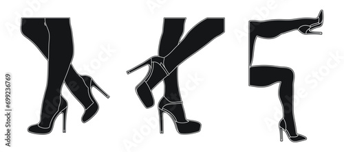 Line art silhouette outline of female legs in a pose. Shoes stilettos, high heels. Walking, standing, running, jumping, dance