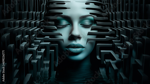Frauengesicht mit geschlossenen Augen in kühlen Farben hinter abstrakter 3D-Formation. Konzept: Im Gedanken-Gefängnis gefangen fühlen. Surreale Illustration  photo