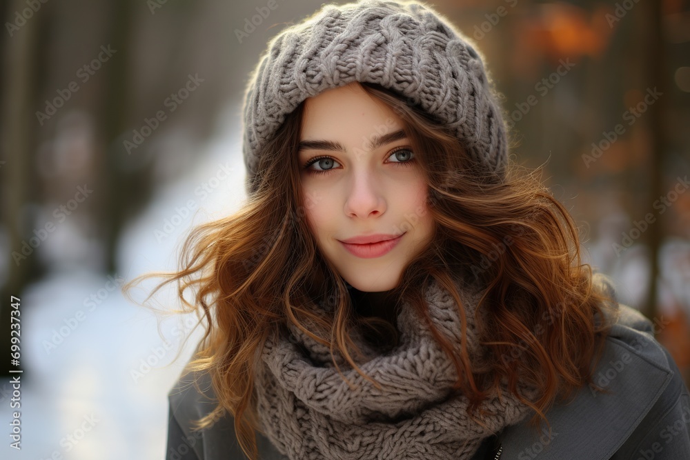 Young woman wearing woollen hat and scarf. Generative AI. Young woman wearing woollen hat and scarf. Generative AI.