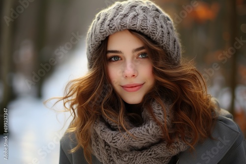 Young woman wearing woollen hat and scarf. Generative AI.