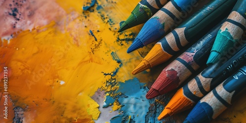 colorful crayons on the paper background