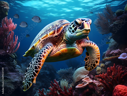 A turtle swims over colorful corals in the ocean