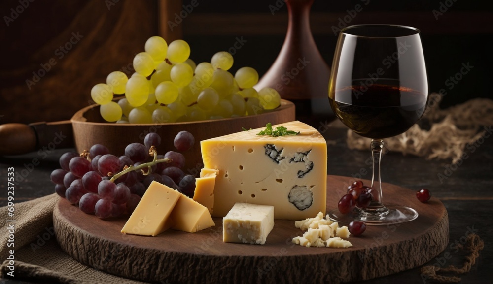 An elegant wooden cheese board with an assortment of cheeses, grapes, and a glass of red wine - AI Generative An elegant wooden cheese board with an assortment of cheeses, grapes, and a glass of red wine - AI Generative