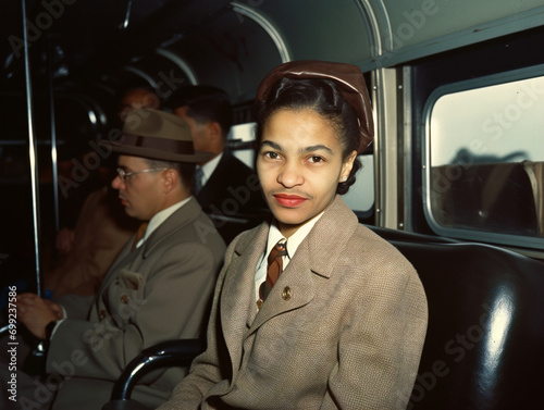 Rosa Parks seated defiantly on bus during Montgomery Boycott, symbolizing fight against racial segregation. photo