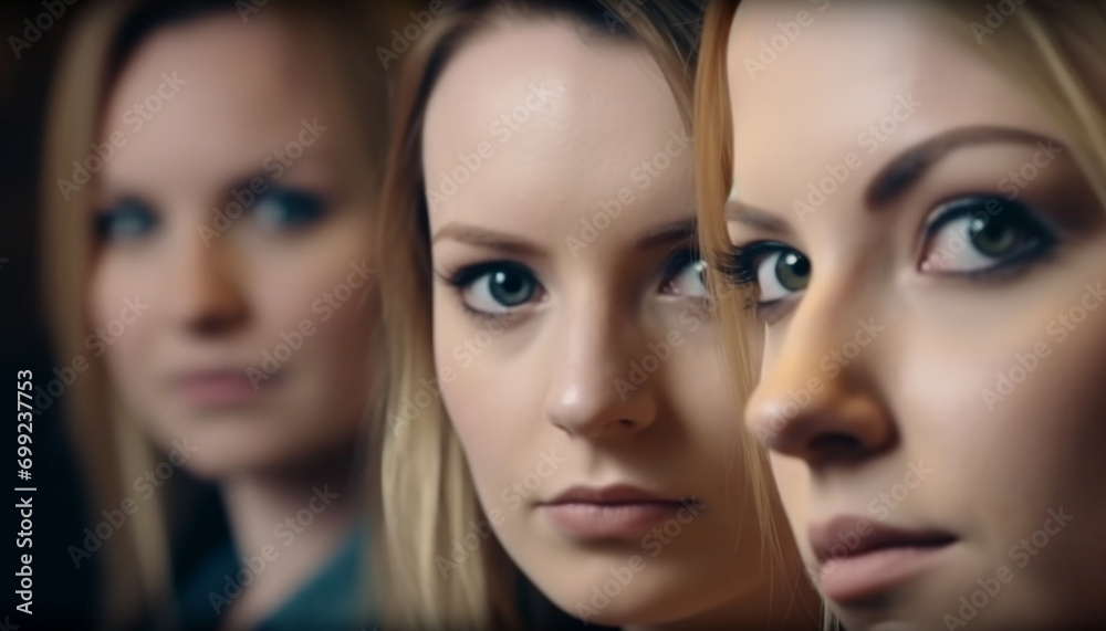 Two beautiful women, one blond and one brunette, looking at camera generated by AI Two beautiful women, one blond and one brunette, looking at camera generated by AI
