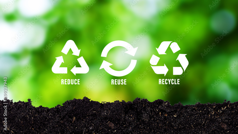 Reduce, reuse, recycle symbol on green bokeh background. Ecological and save the earth concept, An ecological metaphor for ecological waste management and sustainable. - obrazy, fototapety, plakaty 