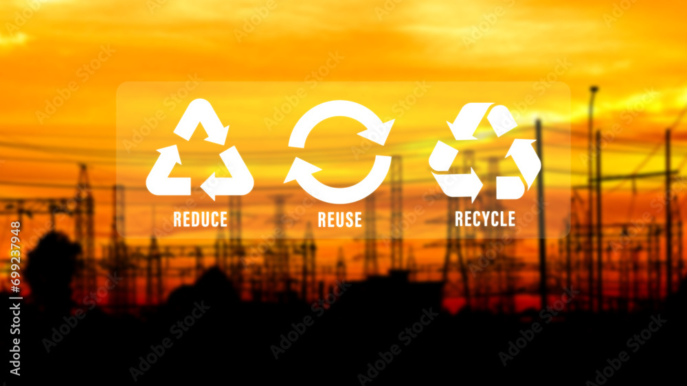 Reduce, reuse, recycle symbol on industry background, ecological ...