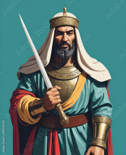 Flat Pop Art Style Portrait of Saladin with Scimitar on Modern Abstract Background Gen AI photo