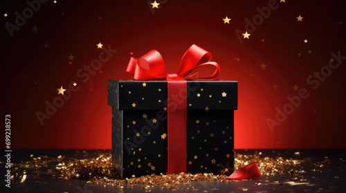 Red gift box with a golden ribbon, surrounded by a scattering of red and gold star-shaped confetti on a dark background. © MP Studio