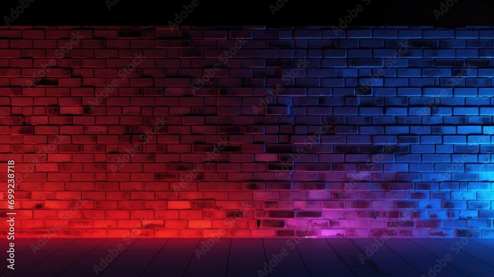 Lighting Effect red and blue on brick wall for background party happiness concept , For showing products or placing products Lighting Effect red and blue on brick wall for background party happiness concept , For showing products or placing products