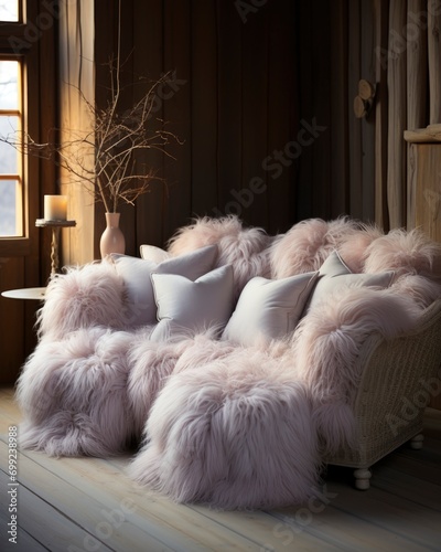fur sofa in the interior. fur texture, details, y2k, retro, vintage concept.