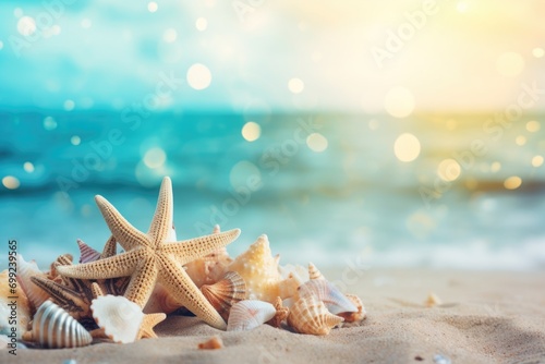 tropical seashells and starfish on the beach of the caribbean