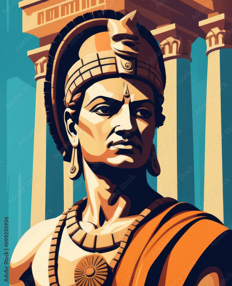 Φωτογραφία Modern Abstract Portrait of Ashoka in Flat Pop Art Style with Historical Pillars