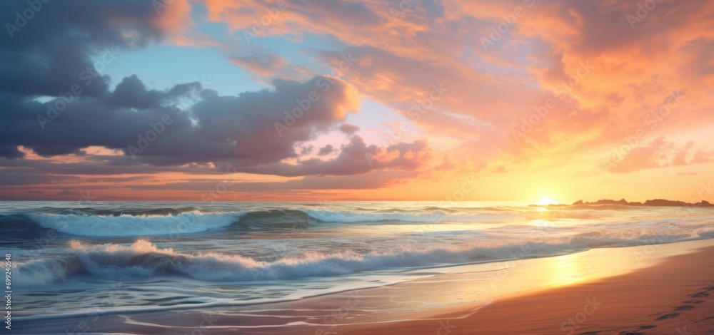 beach with high waves at sunset