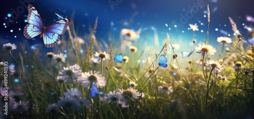 sunlight shines on green grass and butterflies on colorful background 