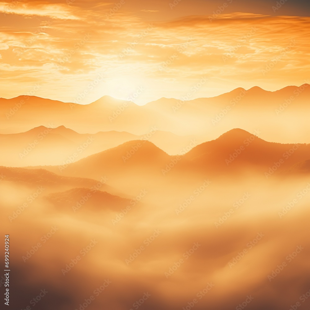 Fototapeta premium Natural background blurring warm colors and bright sun light. Sky sunny color orange light patterns plain abstract flare evening clouds - Gen AI