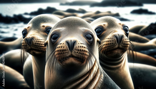 AI-generated illustration of several California sea lions basking in the sun on a sandy beach photo