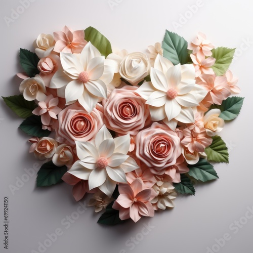 A heart made of paper flowers on a white surface., St Valentine's day, birthday, anniversary greeting card design.