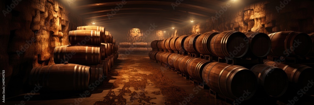 Wine or cognac barrels in the cellar of the winery, Wooden wine barrels in perspective. wine vaults. vintage oak barrels of craft beer or brandy.