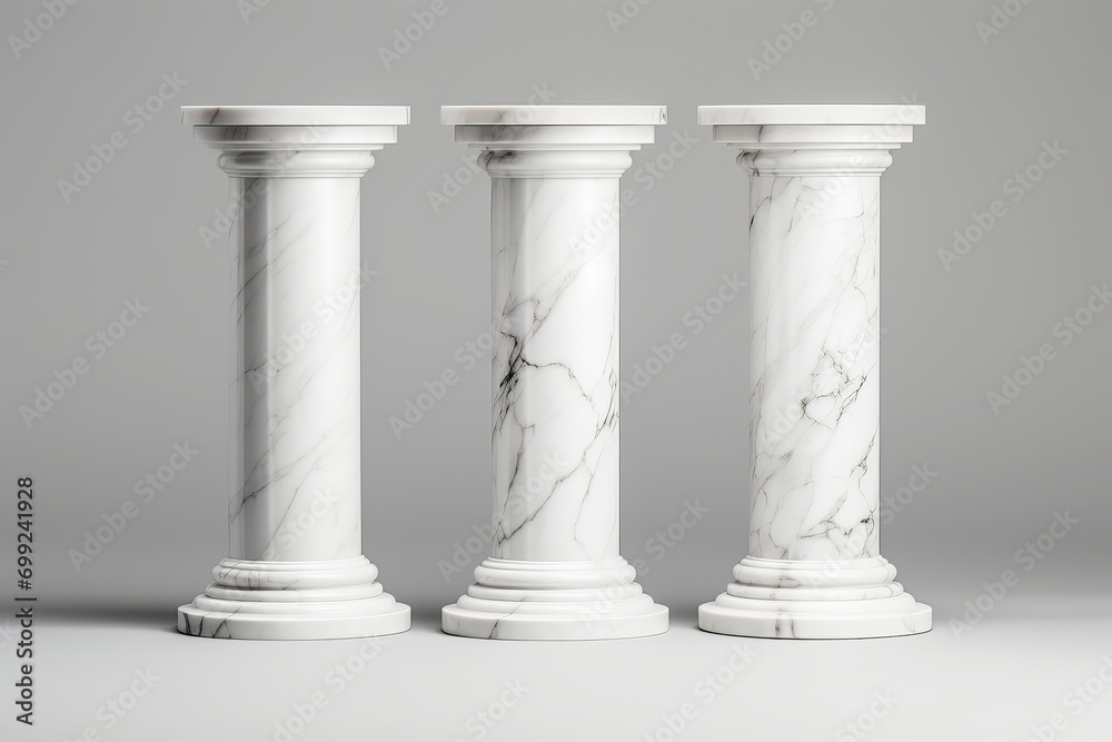 Elegant marble column stands on a pure white backdrop, classic design for luxury product presentations. Ideal for high-end product showcases, generative ai, generative, ai, Elegant marble column stands on a pure white backdrop, classic design for luxury product presentations. Ideal for high-end product showcases, generative ai, generative, ai,