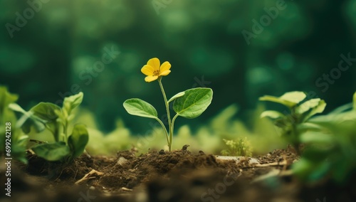 young yellow flower growing in green background