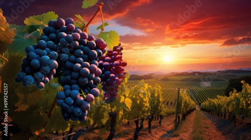 red grapes on the vine at sunset