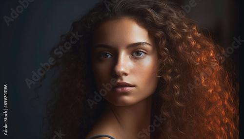 Beautiful woman with brown curly hair looking confidently at camera generated by AI