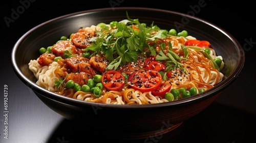 A bowl filled with noodles and vegetables on top of a table.