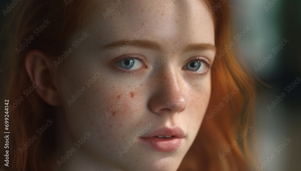 One portrait of a cute Caucasian girl looking at camera generated by AI One portrait of a cute Caucasian girl looking at camera generated by AI