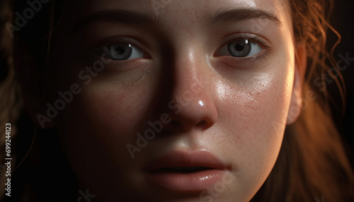 A beautiful young woman with sad eyes, lost in thought generated by AI © Stockgiu