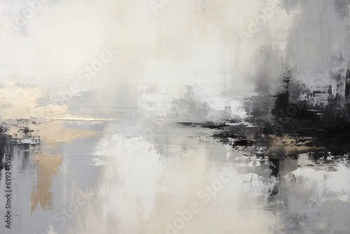 Abstract and minimalist oil painting background with copy space. Black white and golden oil paint smears. Old classic and modern style photo