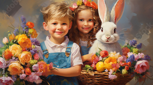 Joyful Kids Wearing Easter Bunny Ears and Holding Baskets, Surrounded by Vibrant Spring Flowers, Easter