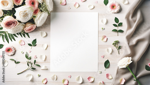 Valentine's Day background with blank paper card mockup, gifts, red hearts and flowers. Place for text. Mother's day and romantic period.