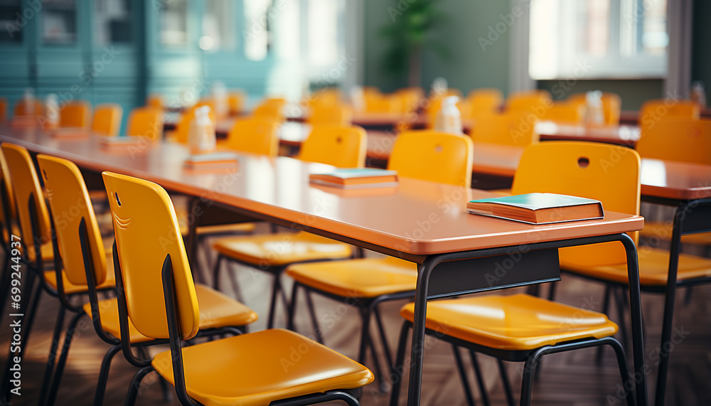 Empty classroom with yellow chairs and wooden desks in a row generated by AI Empty classroom with yellow chairs and wooden desks in a row generated by AI