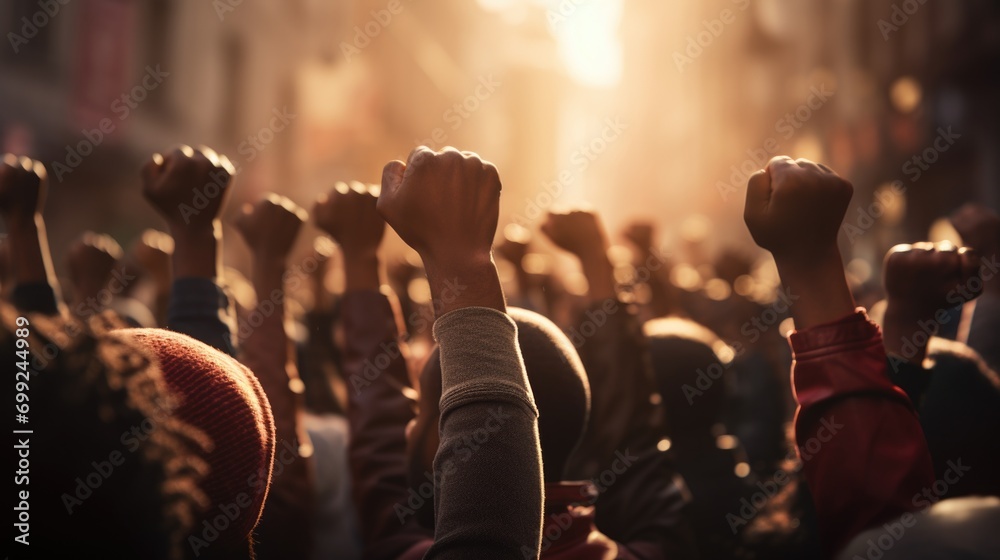 People raised fist air fighting for their rights  - obrazy, fototapety, plakaty 