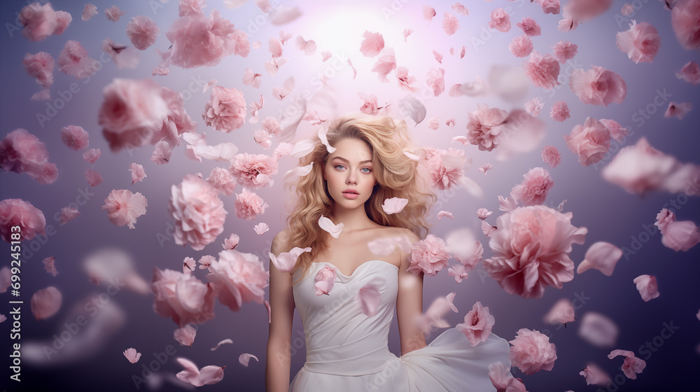 Portrait of a young woman surrounded by flying flowers. Portrait of a young woman surrounded by flying flowers.
