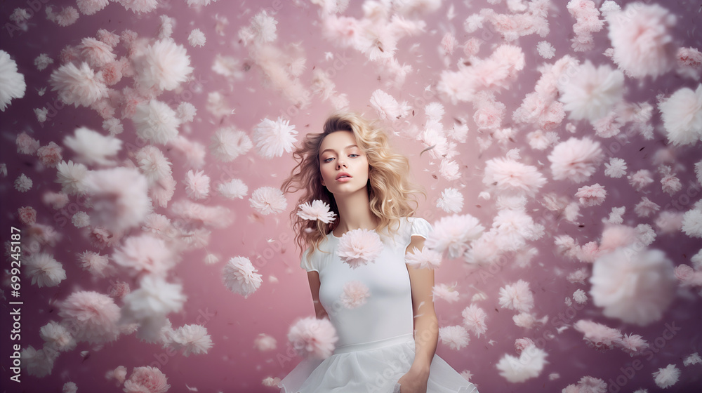 Portrait of a young woman surrounded by flying flowers. Portrait of a young woman surrounded by flying flowers.