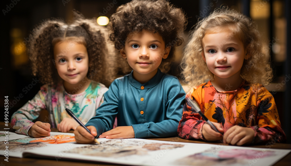 Smiling children painting, creating colorful art in preschool classroom generated by AI Smiling children painting, creating colorful art in preschool classroom generated by AI